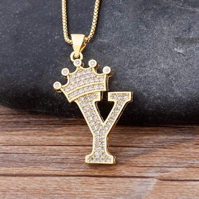 A-Z  Initial Name's  Crown Alphabet Pendant Chain Necklace - Copper Zircon Chic Style New Fashion  Luxury Jewelry for Men Women - Elegant Gift for All