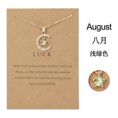 2026 New Fashion Birthstone Moon & Star Crystal Pendant Necklace for Women – Elegant Clavicle Chain Choker, Perfect for Birthday Gifts and Creative Jewelry Accessories.