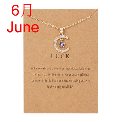 2026 New Fashion Birthstone Moon & Star Crystal Pendant Necklace for Women – Elegant Clavicle Chain Choker, Perfect for Birthday Gifts and Creative Jewelry Accessories.