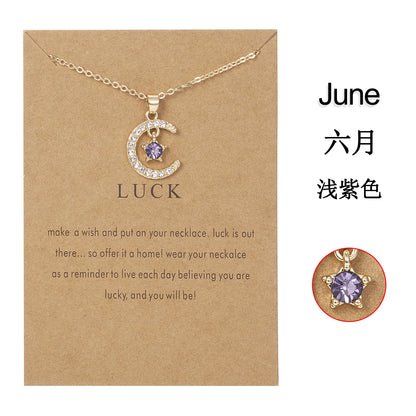 2026 New Fashion Birthstone Moon & Star Crystal Pendant Necklace for Women – Elegant Clavicle Chain Choker, Perfect for Birthday Gifts and Creative Jewelry Accessories.