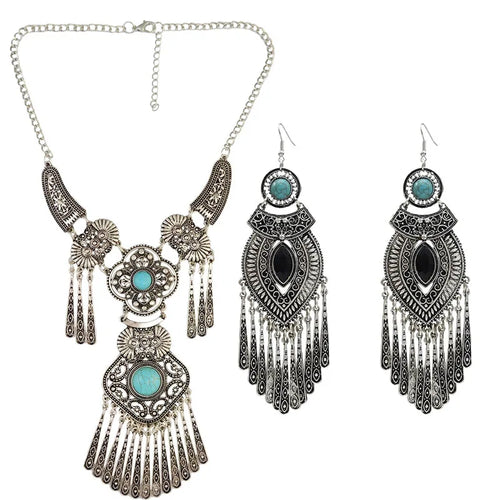 Vintage Ethnic Tassel Drop Earrings & Necklace Set - Women's Choker Necklace with  Ethnic Tassel Drop  India Jhumka Earrings Turkish Gypsy Oxidized  Jewelry Sets  - Perfect ladies Gift