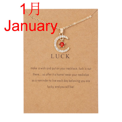 2026 New Fashion Birthstone Moon & Star Crystal Pendant Necklace for Women – Elegant Clavicle Chain Choker, Perfect for Birthday Gifts and Creative Jewelry Accessories.