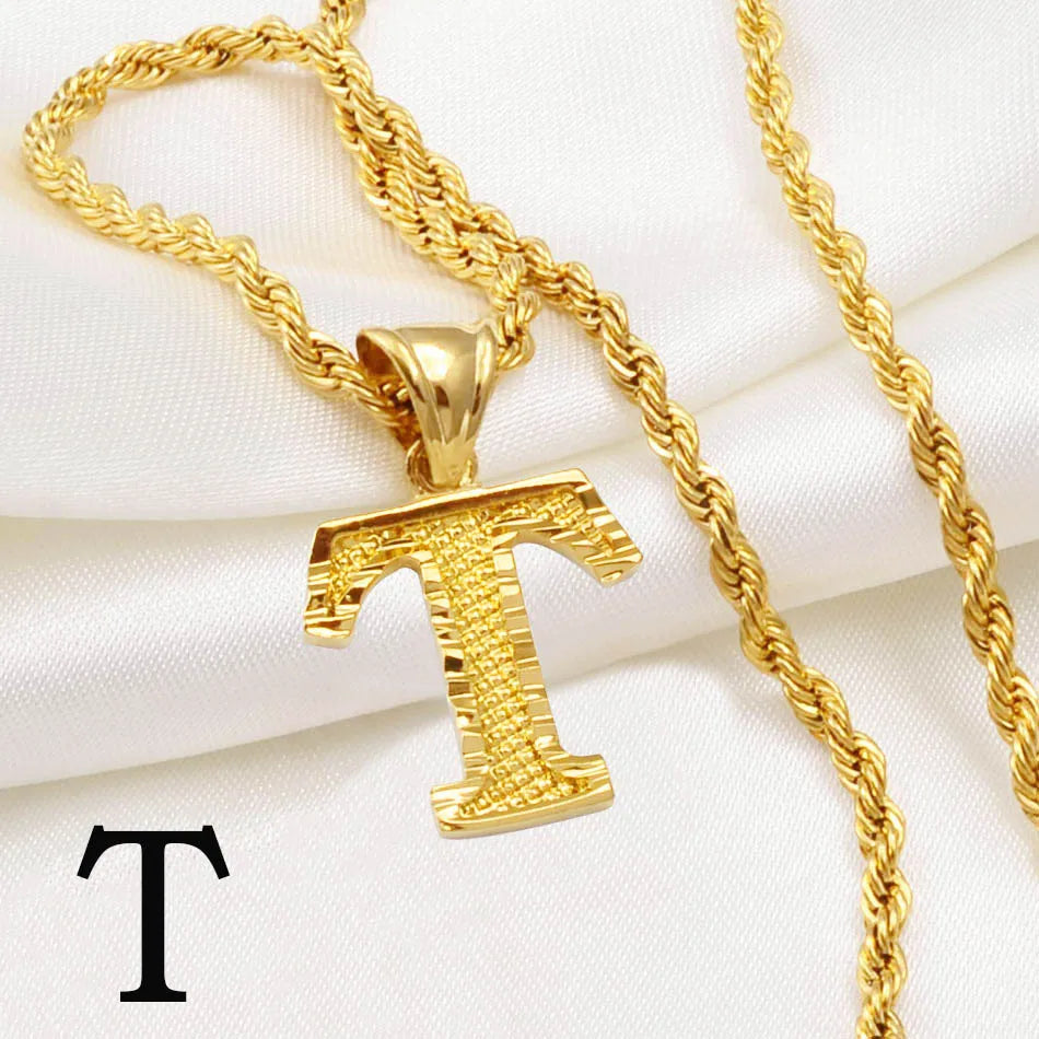 A-Z Name's Initial Letters Gold Plated Pendant With Twisted Rope Chain Necklace - Unisex Design, Perfect for All occasions, Gift, Party & Everyday Use -  Excellent Gift for All