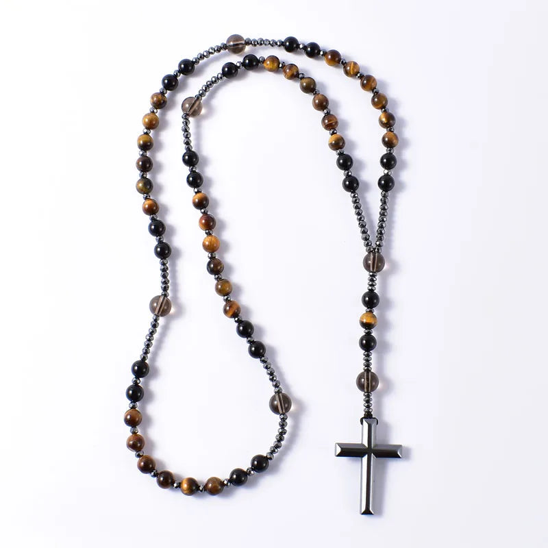 Natural Black Onyx With Tiger Eye Stone Catholic Christ Rosary Necklaces Hematite Cross Pendant Men Necklace Meditation Jewelry