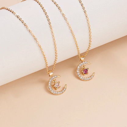 2026 New Fashion Birthstone Moon & Star Crystal Pendant Necklace for Women – Elegant Clavicle Chain Choker, Perfect for Birthday Gifts and Creative Jewelry Accessories.