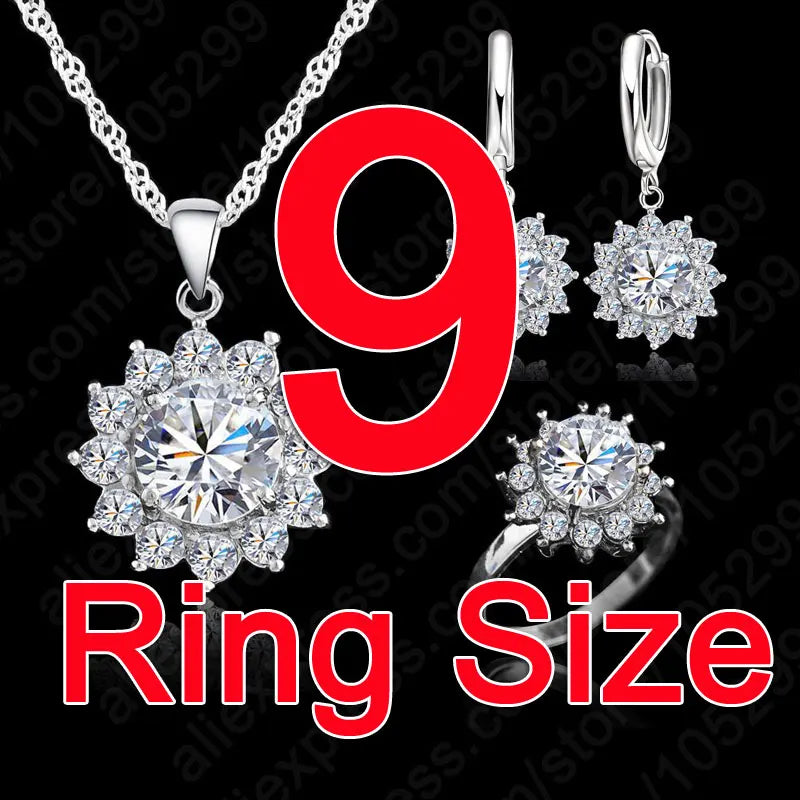 Silver Jewelry Sets Earrings / Pendant Necklace / Rings Sizes 6-9 :  Flower Sun Cubic Zirconia Newest Fashion Jewelry Sets Perfect for All Occasions & Party - Ideal Gift for Women