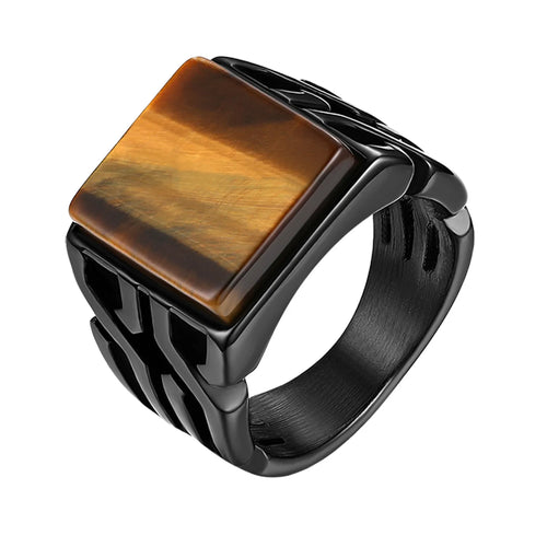 Antique Black Stainless Steel Tiger Eye Stone Punk Classic Ring for Men - Sizes 7–14, Bijoux Aneis Jewelry Present - Ideal Men's Gift