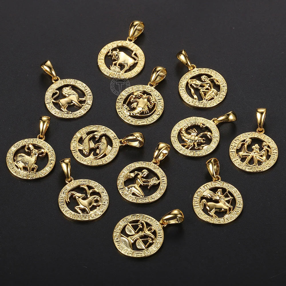 Men's Women's 12 Horoscope Zodiac Sign Gold Color Pendant Necklace Aries Leo Wholesale 12 Constellations Jewelry GPM24