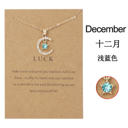 2026 New Fashion Birthstone Moon & Star Crystal Pendant Necklace for Women – Elegant Clavicle Chain Choker, Perfect for Birthday Gifts and Creative Jewelry Accessories.