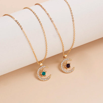 2026 New Fashion Birthstone Moon & Star Crystal Pendant Necklace for Women – Elegant Clavicle Chain Choker, Perfect for Birthday Gifts and Creative Jewelry Accessories.