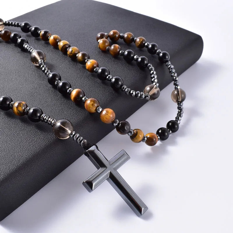 Natural Black Onyx With Tiger Eye Stone Catholic Christ Rosary Necklaces Hematite Cross Pendant Men Necklace Meditation Jewelry