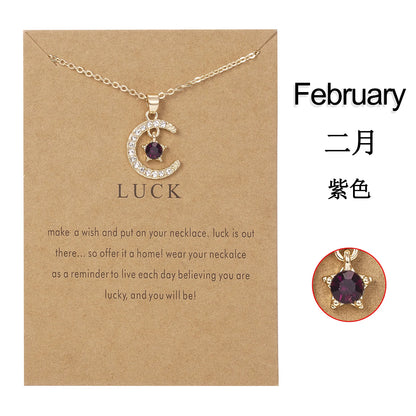 2026 New Fashion Birthstone Moon & Star Crystal Pendant Necklace for Women – Elegant Clavicle Chain Choker, Perfect for Birthday Gifts and Creative Jewelry Accessories.