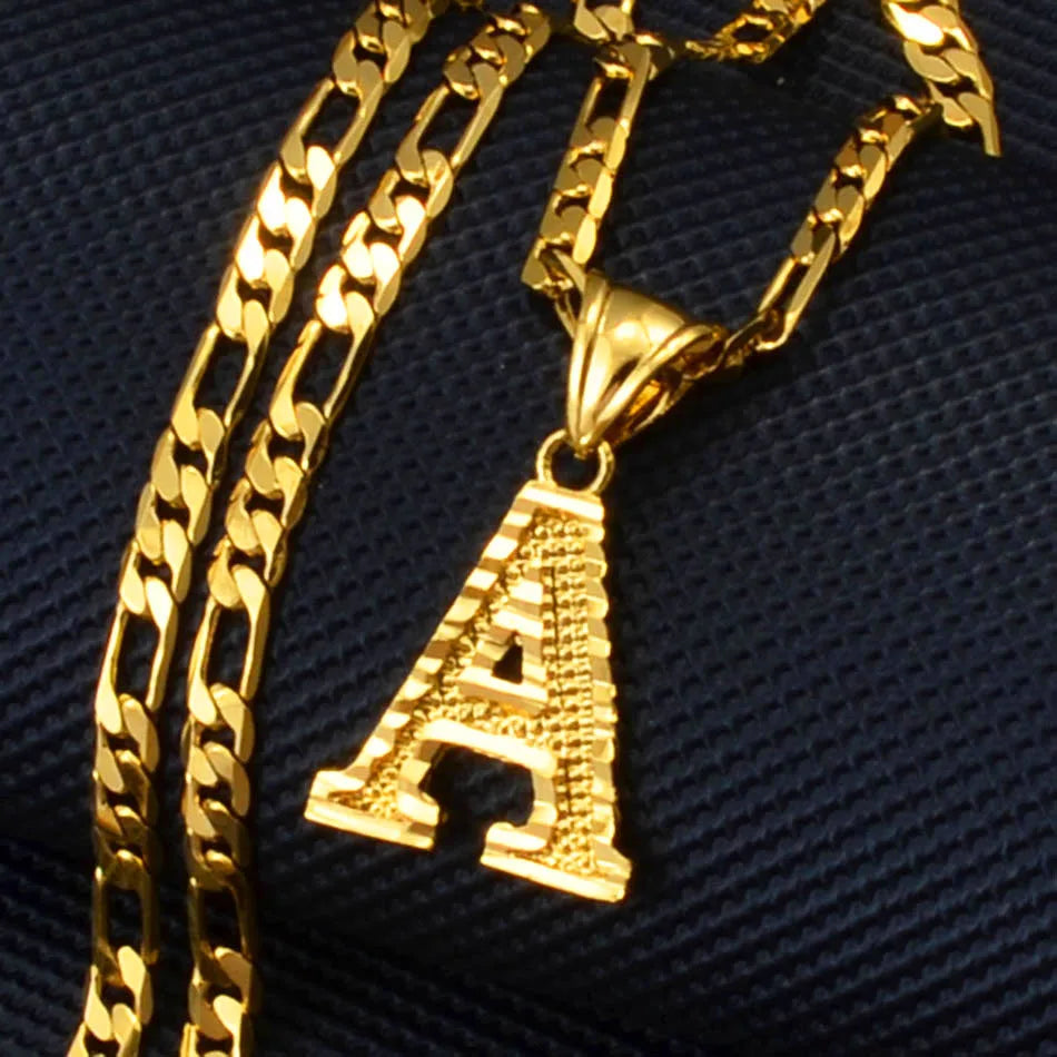 Gold A-Z Initial Alphabet Pendant Necklace with Figaro Chain - Elegant Unisex Jewelry