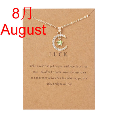 2026 New Fashion Birthstone Moon & Star Crystal Pendant Necklace for Women – Elegant Clavicle Chain Choker, Perfect for Birthday Gifts and Creative Jewelry Accessories.