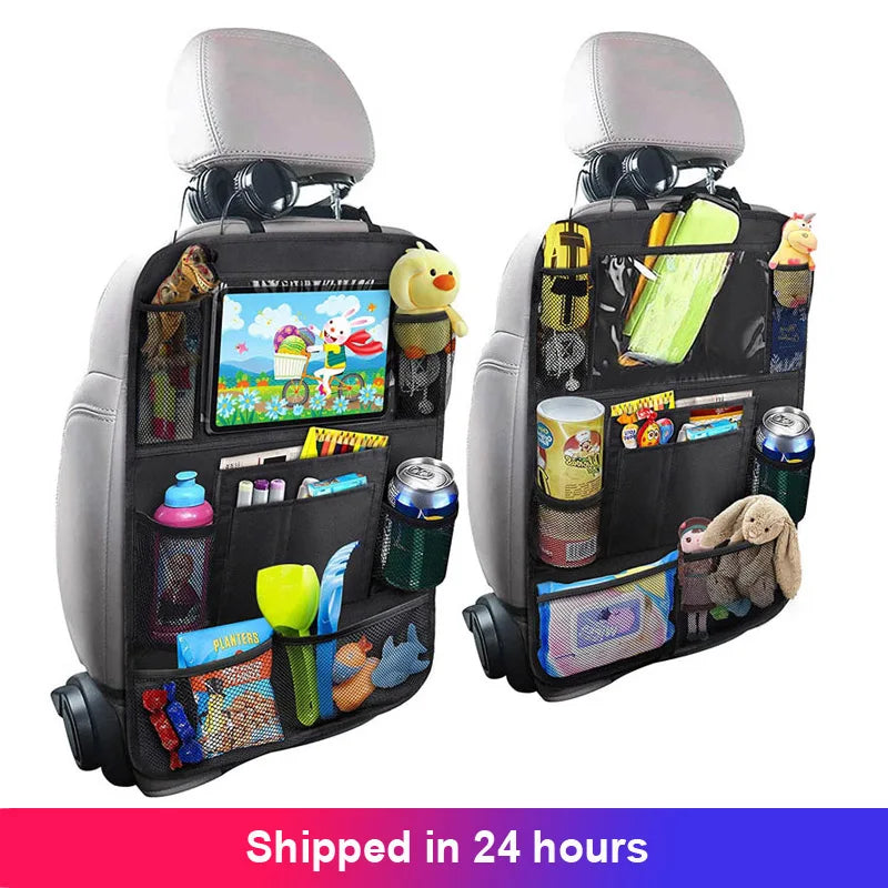 Car Back Seat Organizer with Touch Screen Tablet Holder for Kids & All Others - Black, Car Seat Back Bag Featuring kick mats,  a pocket for toys, Mesh Pocket with waterproof Design - Perfect Gift for Kids & Family