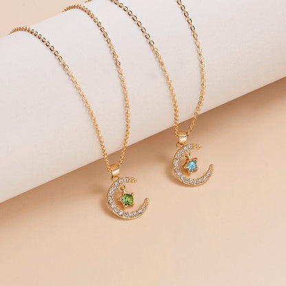 2026 New Fashion Birthstone Moon & Star Crystal Pendant Necklace for Women – Elegant Clavicle Chain Choker, Perfect for Birthday Gifts and Creative Jewelry Accessories.