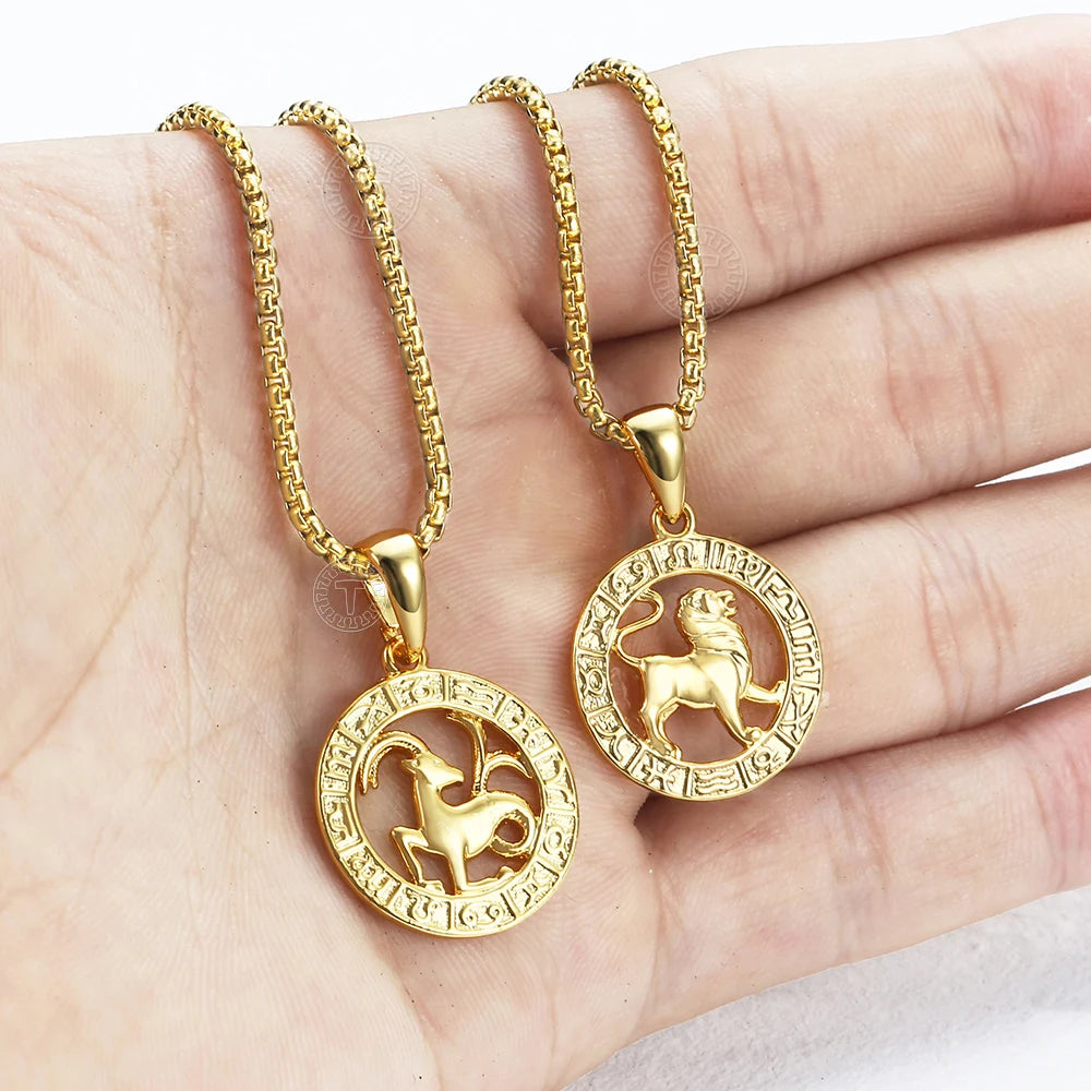 Men's Women's 12 Horoscope Zodiac Sign Gold Color Pendant Necklace Aries Leo Wholesale 12 Constellations Jewelry GPM24