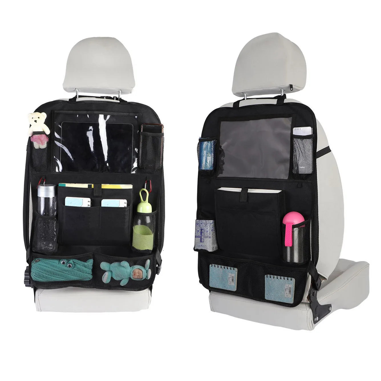 Car Back Seat Organizer with Touch Screen Tablet Holder for Kids & All Others - Black, Car Seat Back Bag Featuring kick mats,  a pocket for toys, Mesh Pocket with waterproof Design - Perfect Gift for Kids & Family