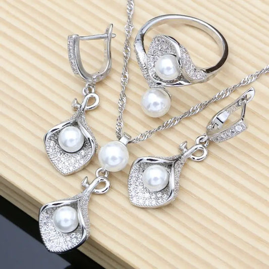 Women Wedding Pendant Drop Earrings  Open Rings  Necklace Set - Upgrade Your Bridal Look with 925 Sterling Silver Morning Glory Jewelry Set , Ideal gift for Women