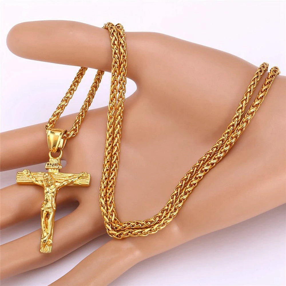 Stylish Religious Jesus Cross Necklace - Gold/Silver Color Chain Pendant for Men - Christian Jewelry Gift