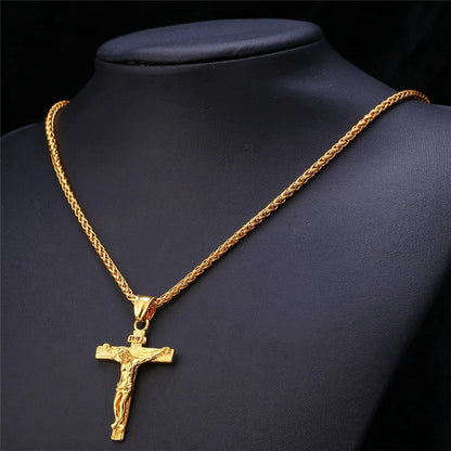 Gold and Silver Jesus Cross Necklace with Chain Pendant for Men - Christian Jewelry Gift