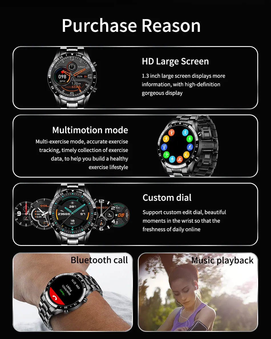 LIGE 2024 Smart Watch - Full Circle Touch Screen, Bluetooth Call, Waterproof, Health Monitoring - Elegant Gift for Men