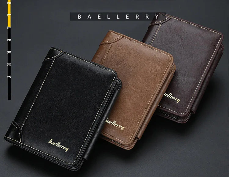 High Quality Men's PU Leather Wallet -  Stylish Durable & Zipper Short Design with Multi Cards Holder, Coin Holder Purse- Ideal Gift for Men