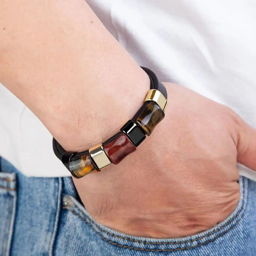 Novel Bone Type Organic Stainless Steel Rope with Tiger's Eye Leather Bracelet Ideal gift for Men