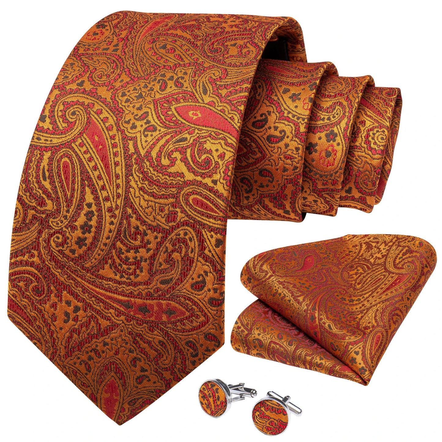 Luxury Orange Paisley Men's Tie Set for Business, Office, Party, Wedding| 3.15 Inch Silk Polyester Necktie, Cufflinks & Pocket Square - Perfect Gift for Him