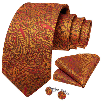Luxury Orange Paisley Men's Tie Set for Business, Office, Party, Wedding| 3.15 Inch Silk Polyester Necktie, Cufflinks & Pocket Square - Perfect Gift for Him