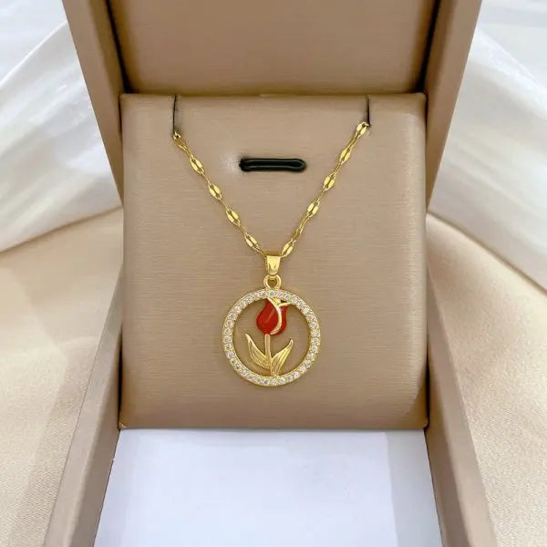 Zircon Inlaid Stainless Steel Choker Necklace for Women - Flower Butterfly Moon Design Pendant Tassel Clavicle Jewelry - Perfect Gift for Her