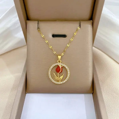 Zircon Inlaid Stainless Steel Choker Necklace for Women - Flower Butterfly Moon Design Pendant Tassel Clavicle Jewelry - Perfect Gift for Her