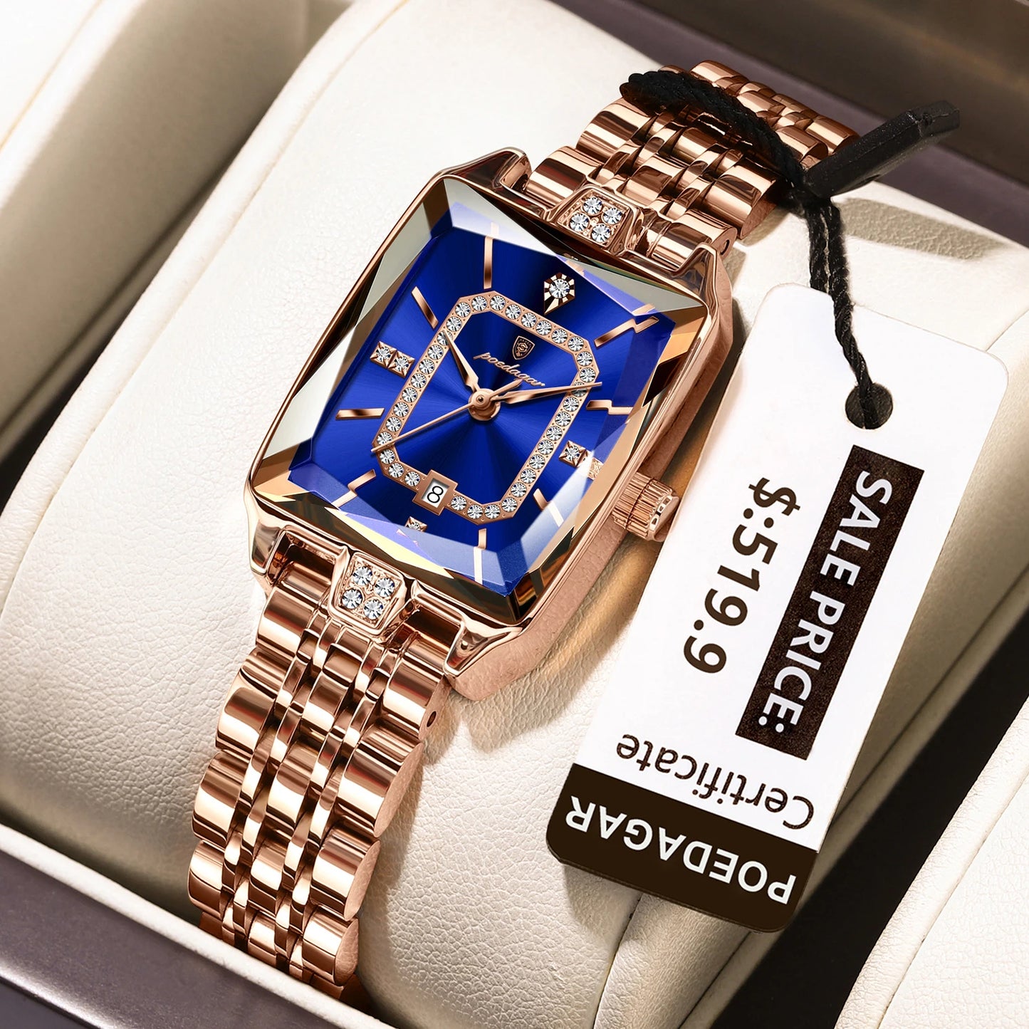 Luxury Rectangle Stainless Steel Women’s Wristwatch | POEDAGAR Waterproof Quartz Watch with Date Display | Ideal Gift for Her