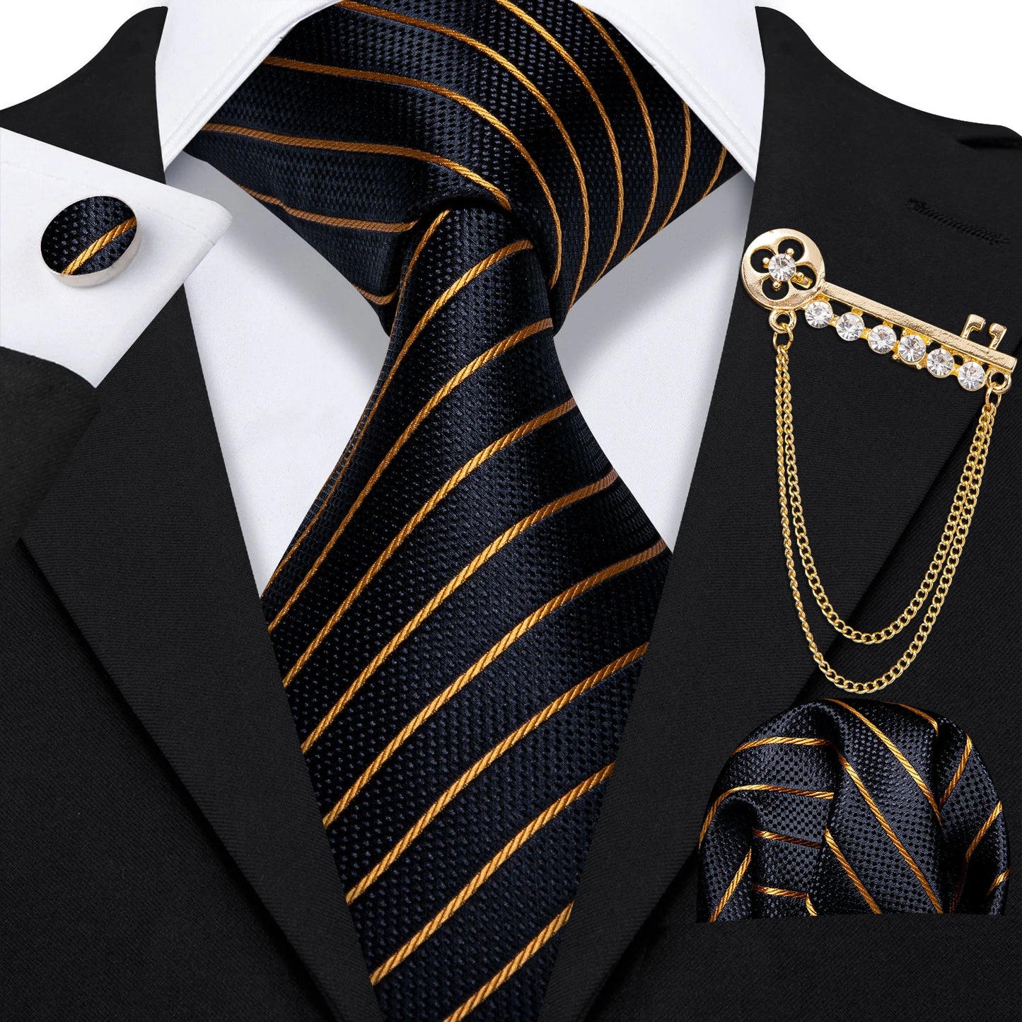 Luxury Floral Paisley Gold Black Silk Tie, Hanky, Cufflinks & Brooch Set - Men's Jacquard Necktie & Accessories for Business, Formal or Wedding - Ideal Gift for Him