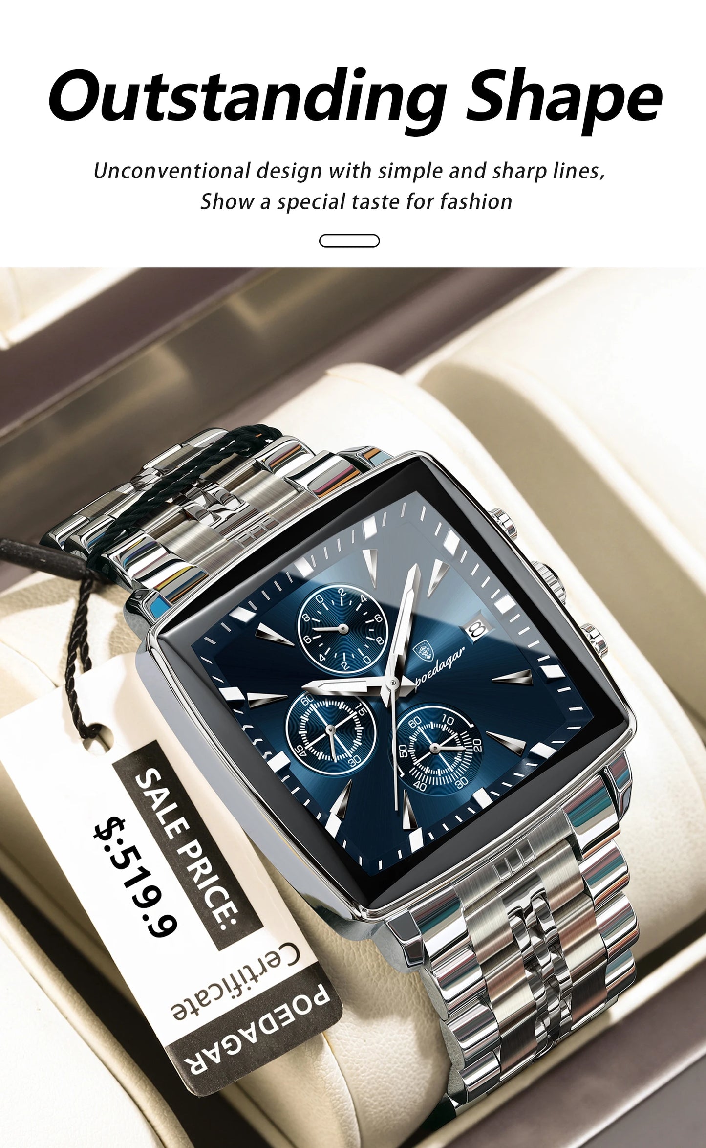 POEDAGAR Square Men’s Watch, Waterproof – Premium Stainless Steel Chronograph with Luminous Display Casual Wrist Watch. Gift for all.