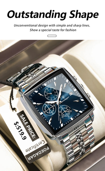 POEDAGAR Square Men’s Watch, Waterproof – Premium Stainless Steel Chronograph with Luminous Display Casual Wrist Watch. Gift for all.