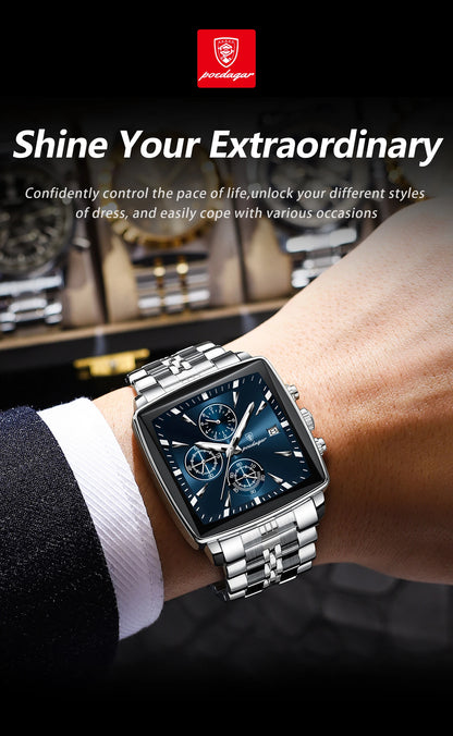 POEDAGAR Square Men’s Watch, Waterproof – Premium Stainless Steel Chronograph with Luminous Display Casual Wrist Watch. Gift for all.