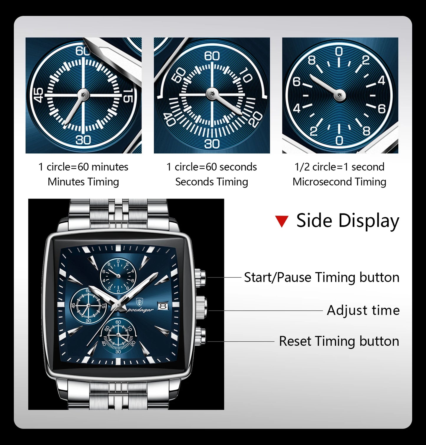 POEDAGAR Square Men’s Watch, Waterproof – Premium Stainless Steel Chronograph with Luminous Display Casual Wrist Watch. Gift for all.