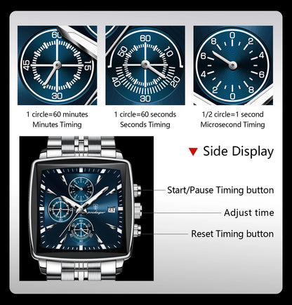 POEDAGAR Square Men’s Watch, Waterproof – Premium Stainless Steel Chronograph with Luminous Display Casual Wrist Watch. Gift for all.