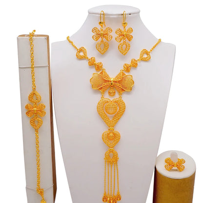 African Indian Gold Jewelry Set for Women – Dubai Style Bridal Tassel Long Necklace, Earrings, Ring & Bangle - Ideal Gift for Her