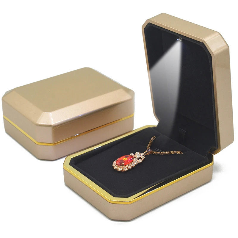 LED Light Velvet Jewelry Ring/Necklace Pendant Box – Luxury Gift Display Case for Proposal, Engagement & Wedding