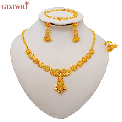 African Indian Gold Jewelry Set for Women – Dubai Style Bridal Tassel Long Necklace, Earrings, Ring & Bangle - Ideal Gift for Her