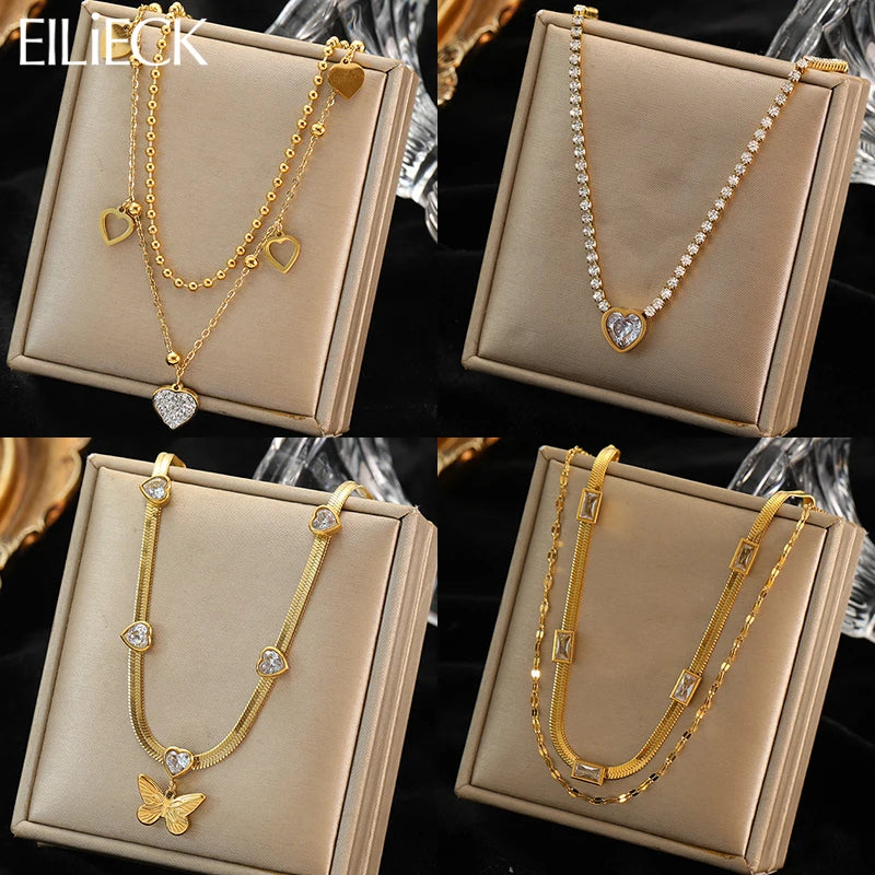 EILIECK 316L Stainless Steel White Green Red Zirconia Crystal Necklace For Women Fashion Neck Jewelry Wedding Party Accessories