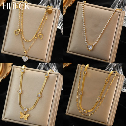 EILIECK 316L Stainless Steel White Green Red Zirconia Crystal Necklace For Women Fashion Neck Jewelry Wedding Party Accessories