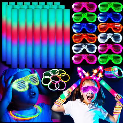 Thirty LED foam glow sticks for a glow party pack - Includes neon bracelets, flashlight glasses, & party supplies for a dark party hall -  Perfect gift for your party companions.