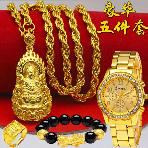 Men's 24k Gold Plated Watch Necklace Ring or Bracelet  Set - 999 Large Thick Fashion Chain, Pendent Necklace, Wristband  Bold Gold Jewelry- Perfect Gift for Men