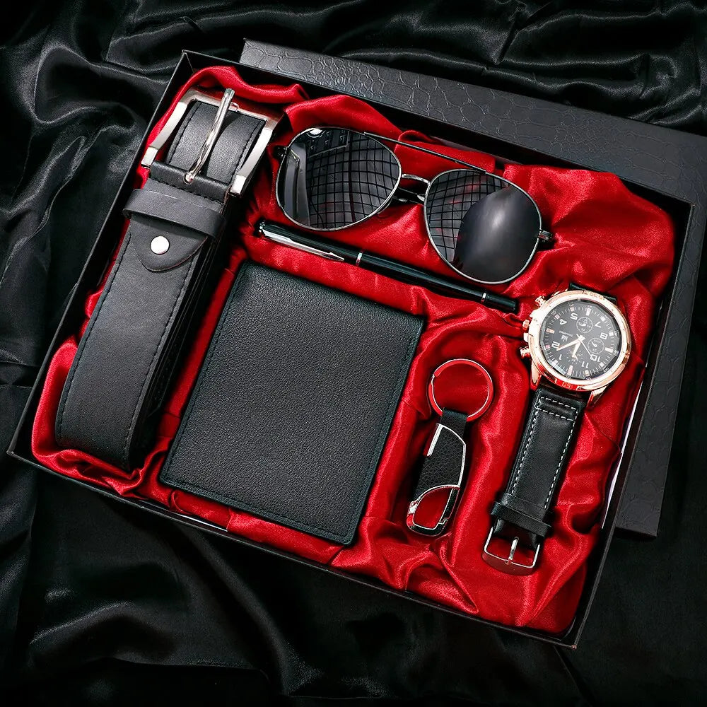 6-in-1 Business Luxury Gift Set for Men:  Watch, Glasses, Pen, Keychain, Belt & Purse - Elegant Gift Set for Men