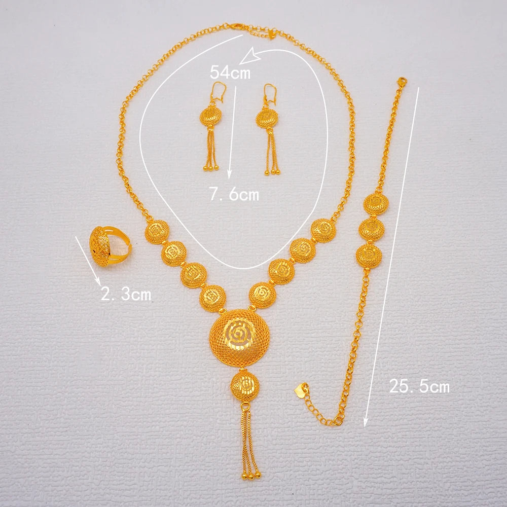 African Indian Gold Jewelry Set for Women – Dubai Style Bridal Tassel Long Necklace, Earrings, Ring & Bangle - Ideal Gift for Her