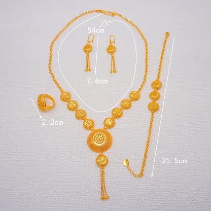 African Indian Gold Jewelry Set for Women – Dubai Style Bridal Tassel Long Necklace, Earrings, Ring & Bangle - Ideal Gift for Her