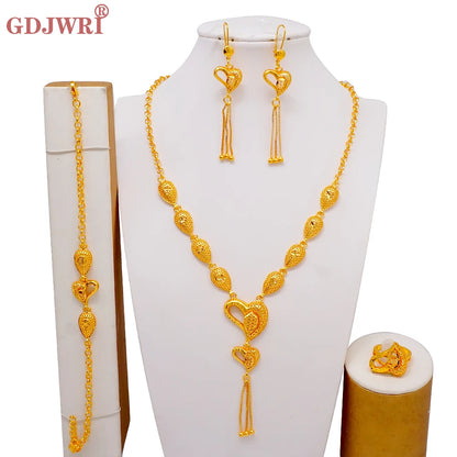 African Indian Gold Jewelry Set for Women – Dubai Style Bridal Tassel Long Necklace, Earrings, Ring & Bangle - Ideal Gift for Her